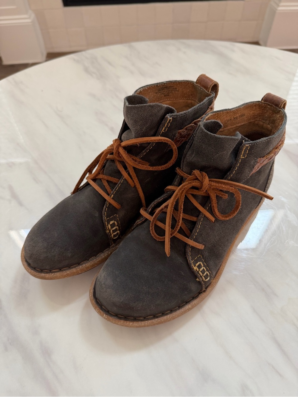Born Charcoal Suede Ankle Booties with Brown Leather Laces